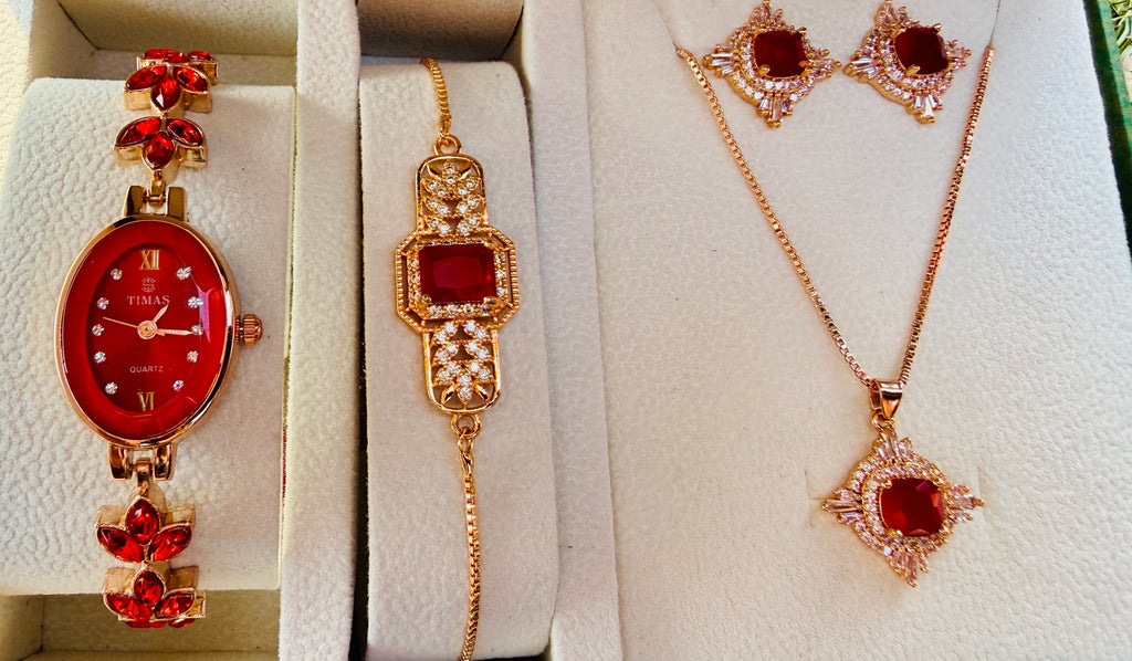 Ladies Complete Jewellery Set with Watch(Red)