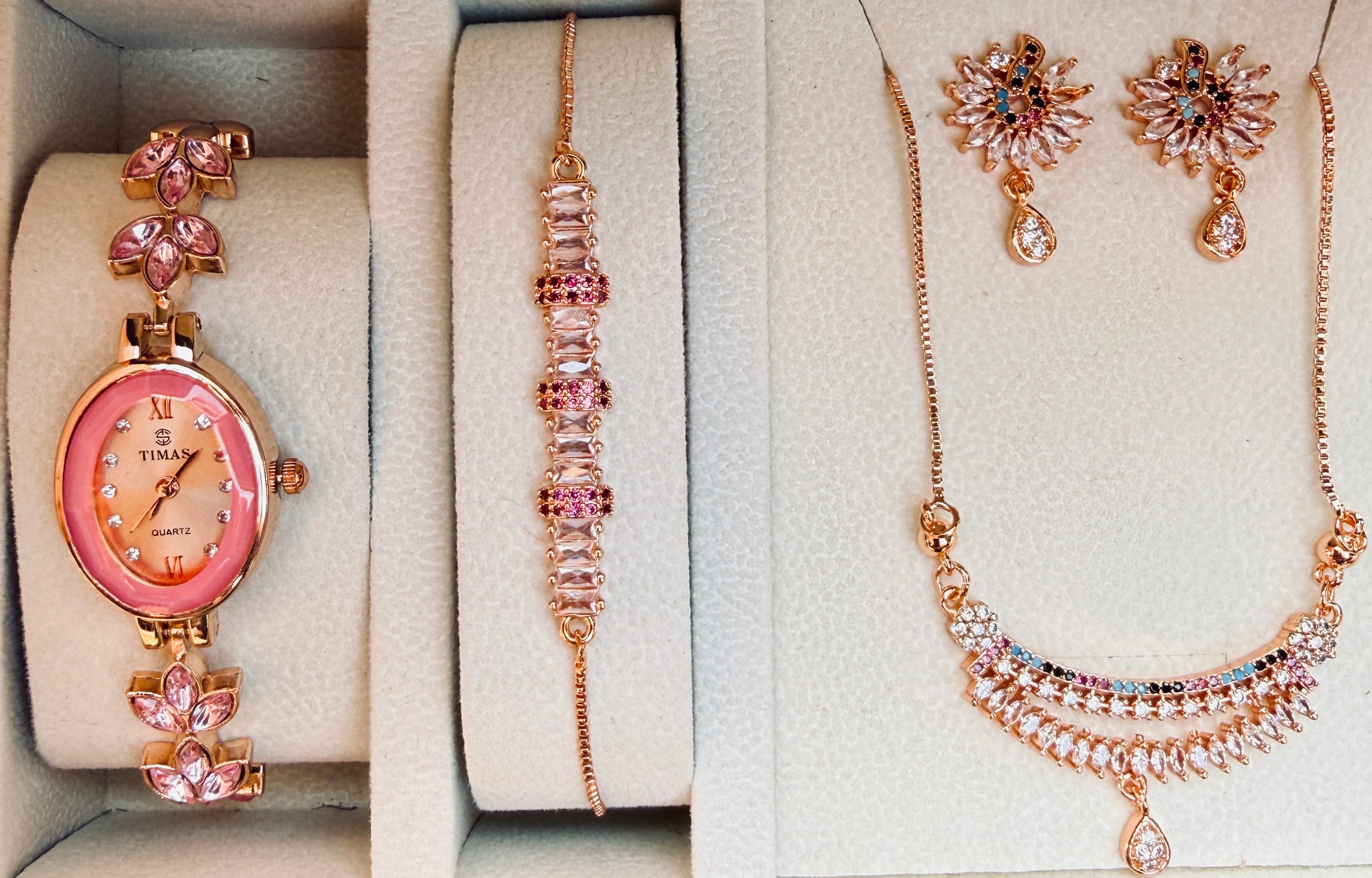 Ladies Complete Jewellery Set with Watch(Pink)